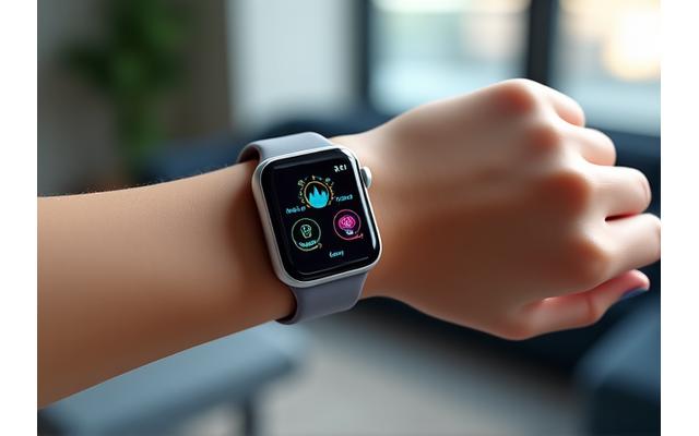 Una mano che tiene uno smartwatch che mostra dati di salute, con uno sfondo sfocato di app di fitness e benessere.